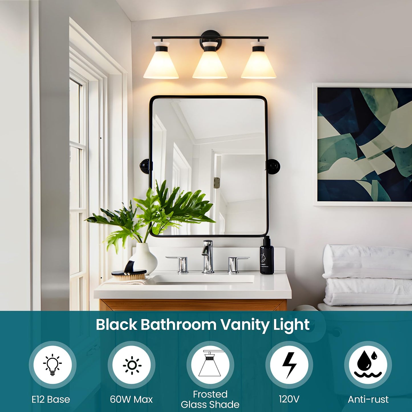 Black Bathroom Vanity Light Fixtures: Vanity Lighting Fixtures over Mirror 23.4 inch with Milky White Frosted Glass, 3-Lights Farmhouse Vintage Vanity Lighting Bathroom Wall Light(Exclude Bulb)