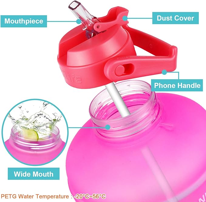 QuiFit 1 Gallon Water Bottle - with Straw & Motivational Time Marker Leak-Proof BPA Free Reusable Gym Sports Outdoor Large(128OZ) Capacity Water Jug(Pink/Blue Gradient,1 Gallon)