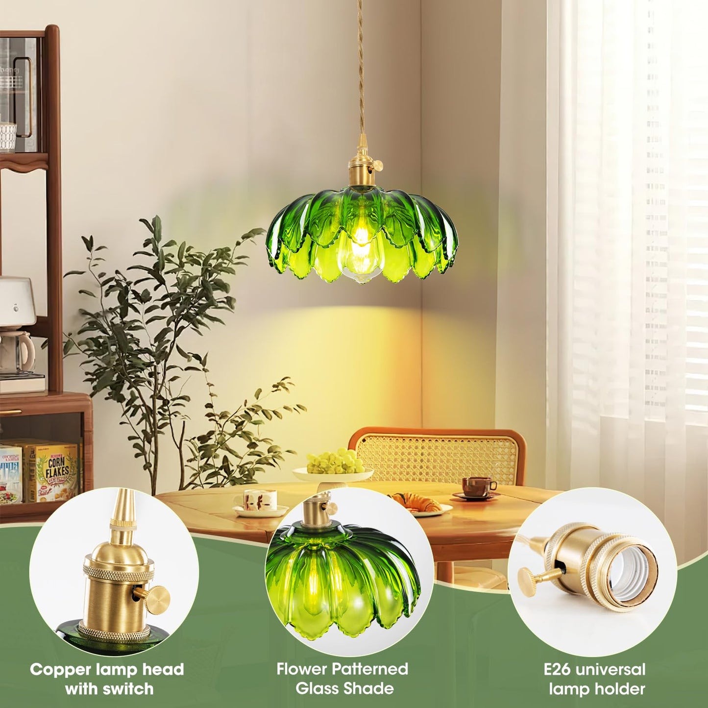 Beserwin Plug In Pendant Light  Hanging Lights With Plug In Cord  Hanging Light Fixture With Green Glass  E26 Pendant Lighting For Kitchen Island  Bedroom  Dining Room  Living Room