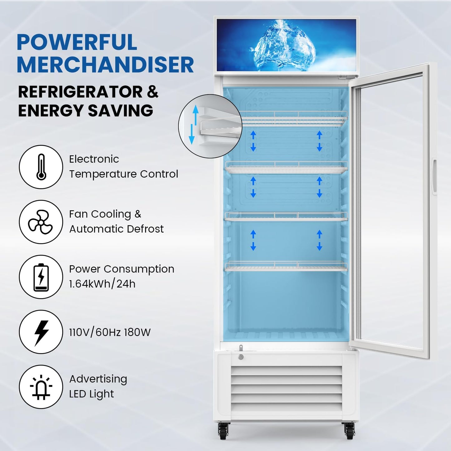 Mojgar 10 Cu Ft Commercial Refrigerators Single Door,Glass Door Merchandiser Display Beverage Fridge with Built-in LED Light,1.64kwh/24h Retail Cooler for Shop,Restaurant,Apartment,etc