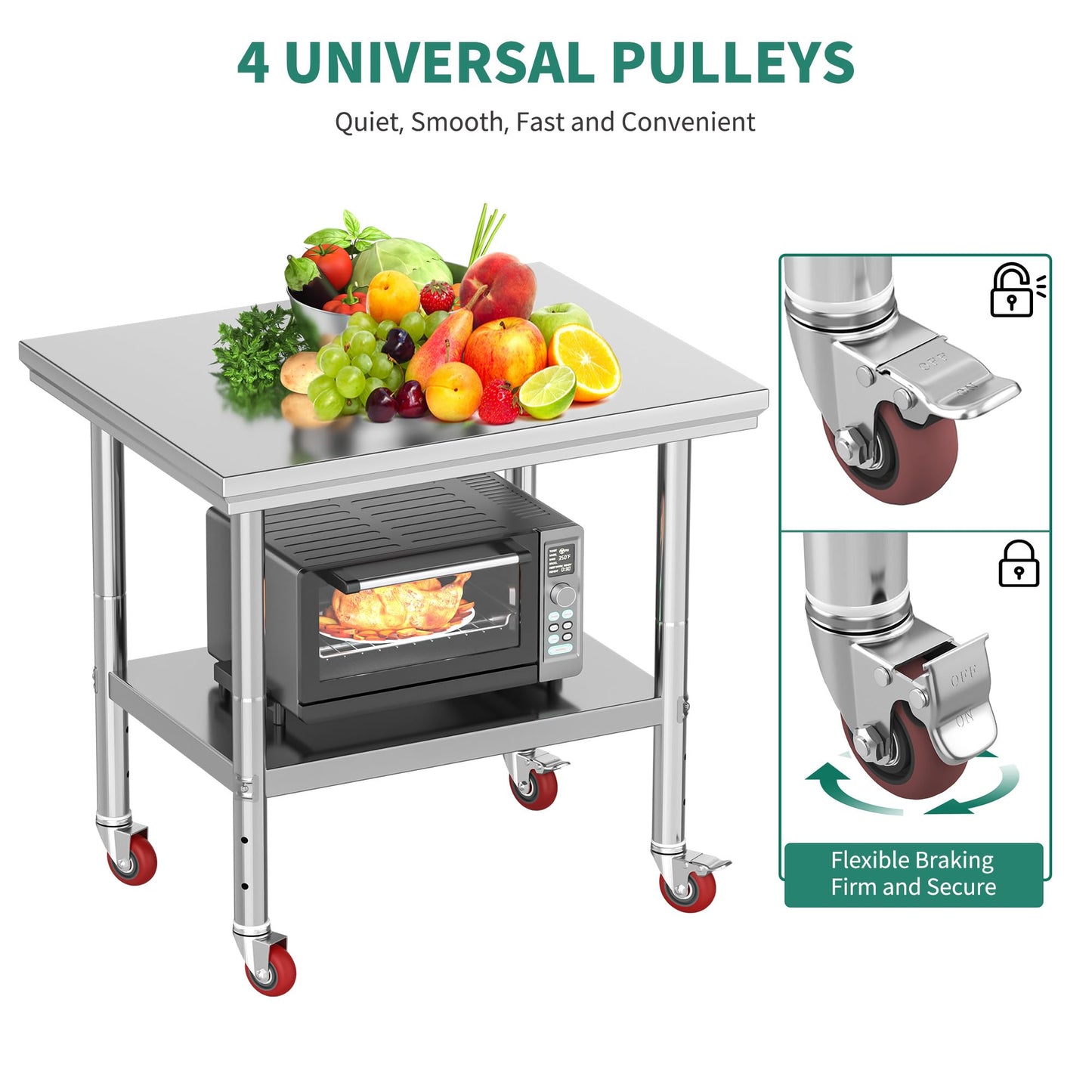 YITAHOME NSF Stainless Steel Table, 30" X 24" Work Table with Wheels, 2 Shelves Metal Prep Worktable for Home Kitchen Restaurant Garage Warehouse Outdoor