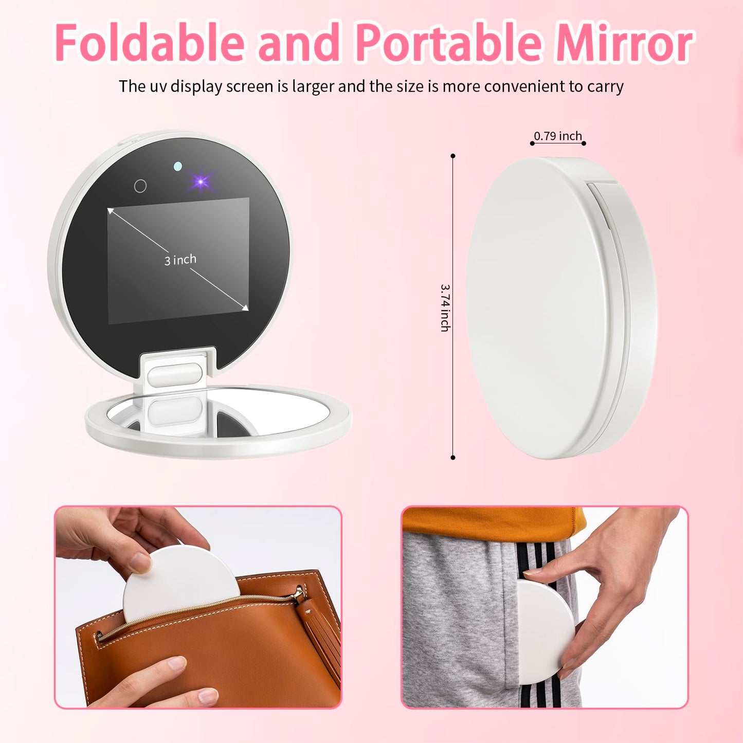 DESCHEN Rechargeable Travel Compact Smart UV Camera UV Mirror for Sunscreen Test, 2X Makeup Mirror with Lights and Magnification