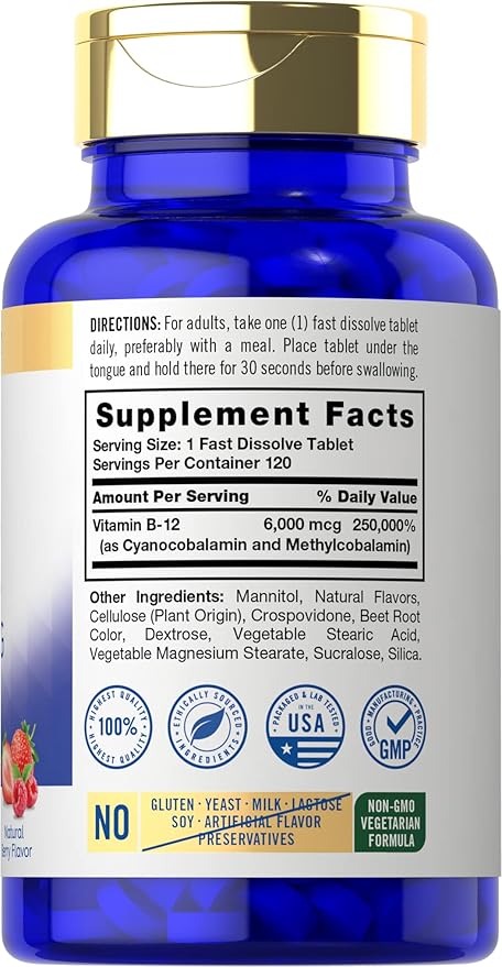 Carlyle Vitamin B-12 6000mcg | 120 Fast Dissolve Tablets | Natural Berry Flavor | Cyanocobalamin & Methylcobalamin | Vegetarian, Non-GMO, and Gluten Free Sublingual Supplement