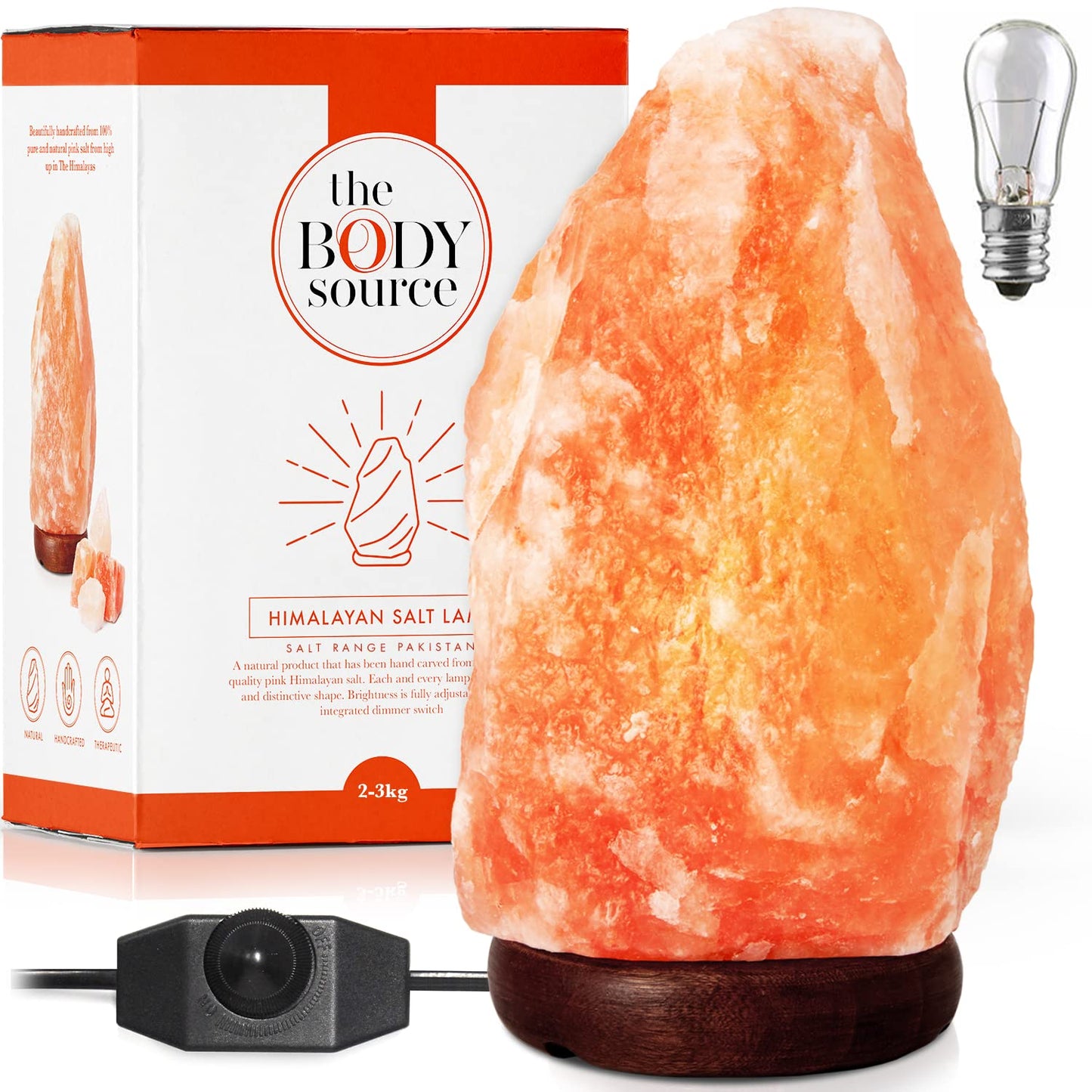 The Body Source Himalayan Salt Lamp, 10-12 Inch, Orange, Wooden Base, Model SL-03-US, Includes Dimmer Switch and Night Light