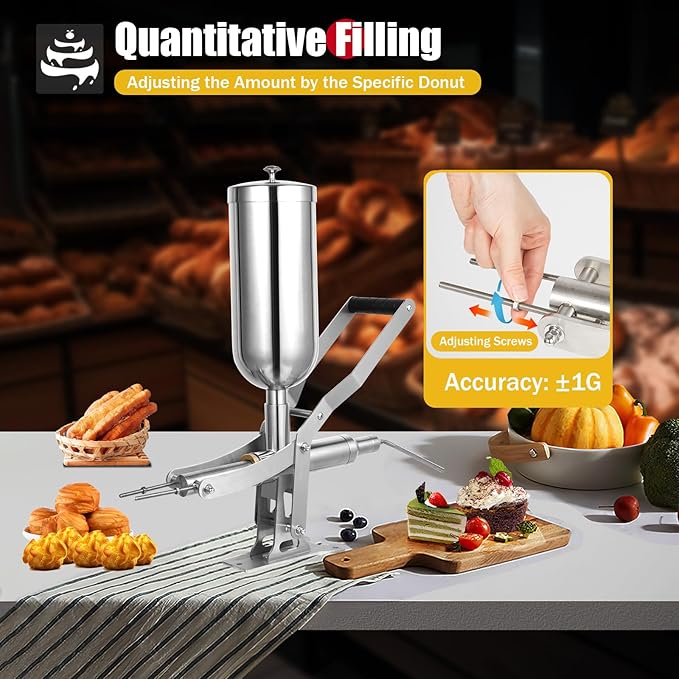 Commercial Donut Filler Machine, 5L Manual Donut Jelly Filler Injector with 1 Long Nozzle & 3 Short Nozzles, Stainless Steel Jelly Cream Filling Machine for Bakerie Restaurant Cafe