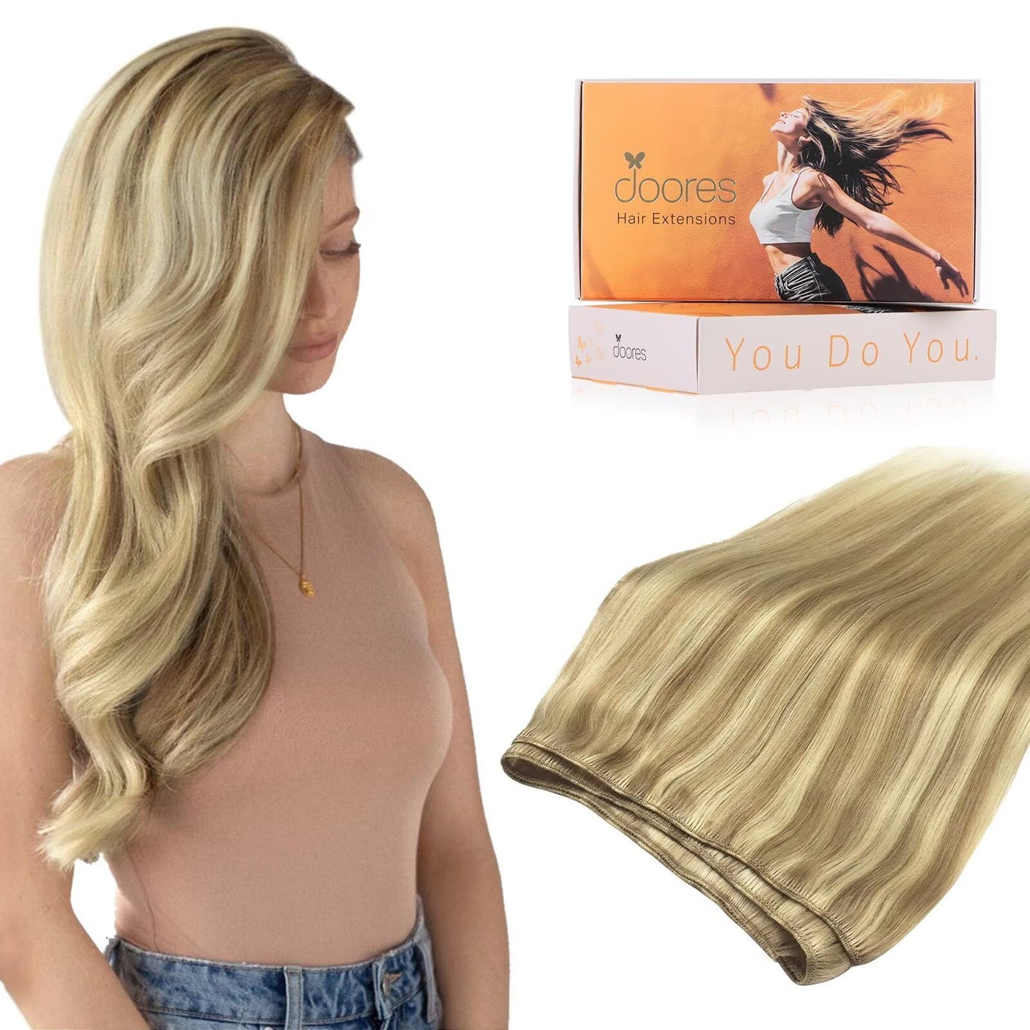 DOORES Sew In Hair Extensions Real Human Hair, Light Blonde Highlighted Golden Blonde 18 Inch 100g, Hand Made Sew In Weft Extens