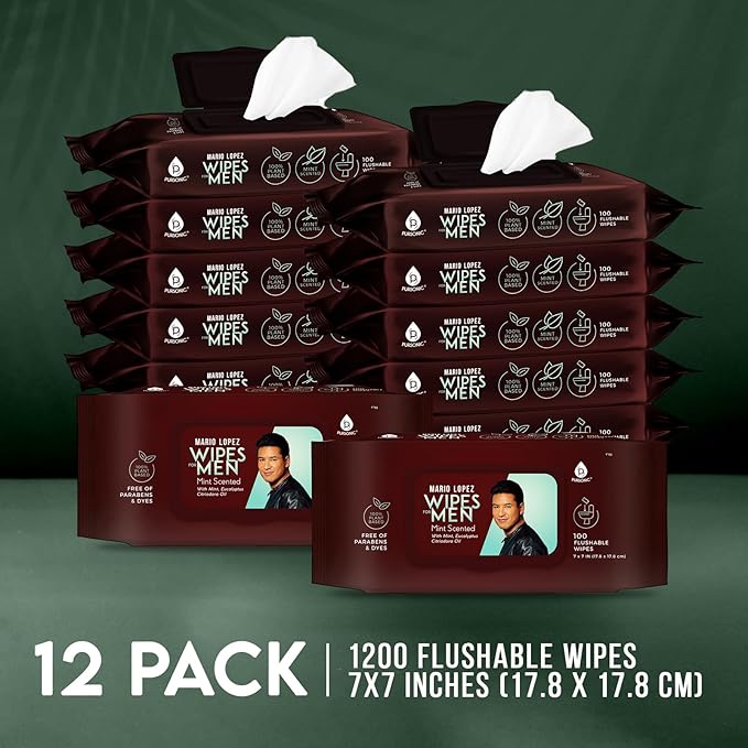 Pursonic Mario Lopez Mint Flushable Wipes for Men - 12 Packs 100Ct(1200 Total) - Plant-Based Face & Body Wipes for Gentle, Refreshing Daily Hygiene