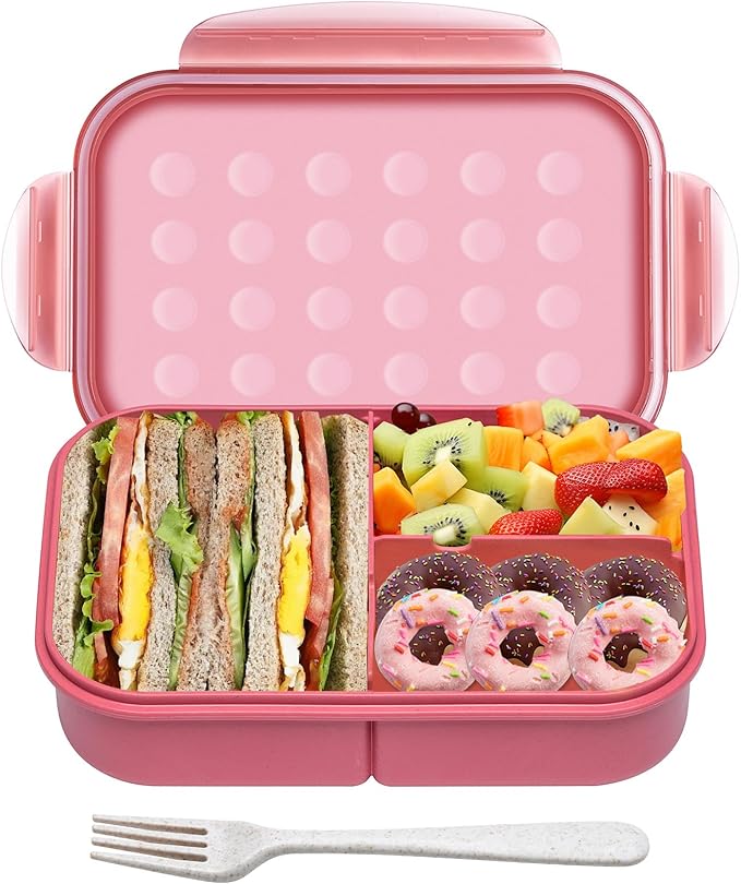 Wheat Straw Bento Box, BPA-Free Lunch Box for Kids & Adults - Leakproof 3-Compartment Lunch Containers with Utensil, Microwave/Dishwasher Safe, 5.5 Cup Muted Red