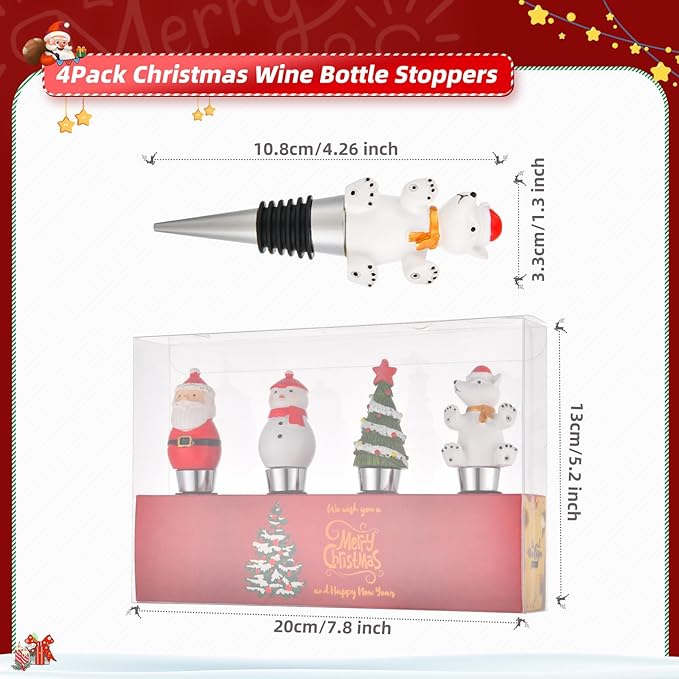 Set of 4 Resin Wine Bottle Stoppers for Christmas Holiday Decoration, Handmade Wine Stoppers for Xmas, Wine Gift for Hostess Cute Wine and Beverage Corker Bottle Sealers