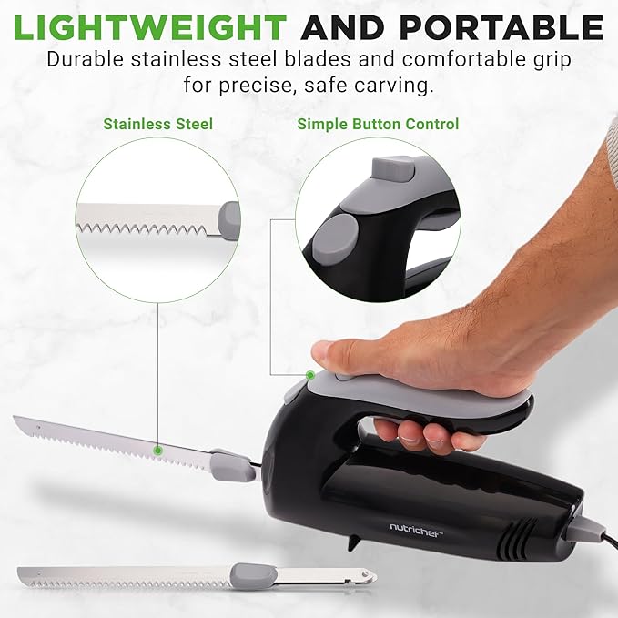NutriChef Upgraded Premium Electric Knife - 8.9" Carving Knife, Serrated Blades, Lightweight, Ergonomic Design Easy Grip, Easy Blade Removal, Great For Thanksgiving, Meat & Cheese, Black - PKELKN8