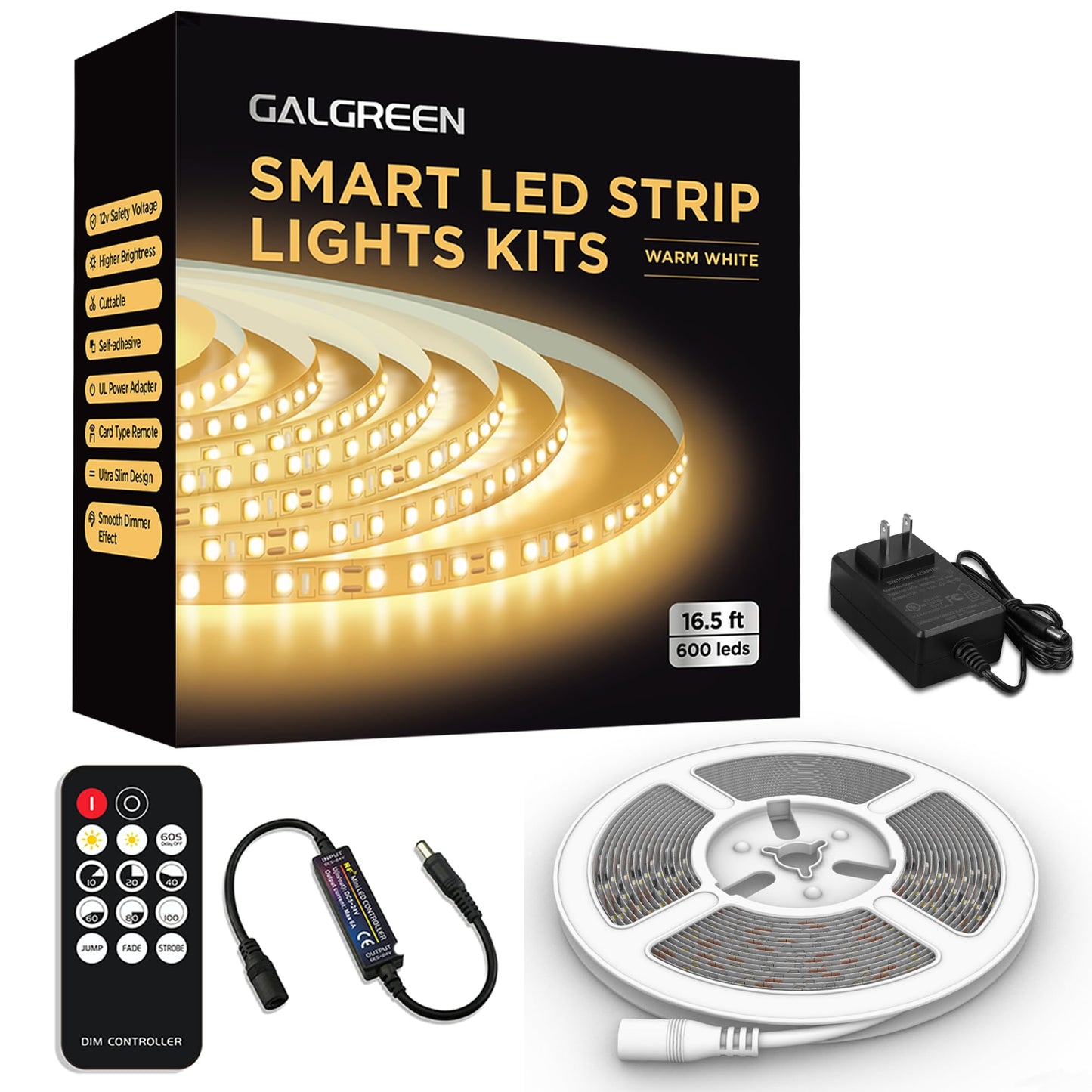 Galgreen LED Strip Lights, 16.5ft Warm White Dimmable, 600 LEDs, Cuttable FPC Tape Light for Bedroom and Kitchen