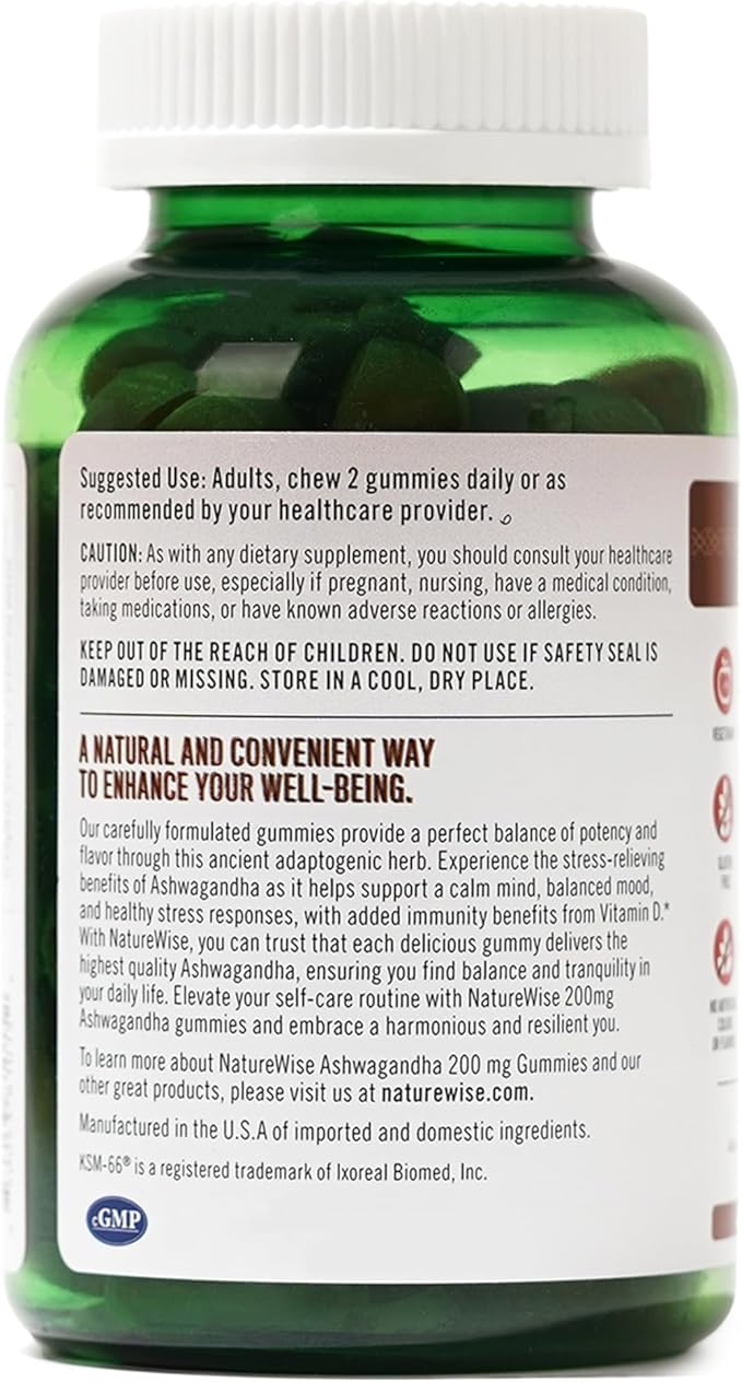 NatureWise Ashwagandha Gummies - Strawberry Kiwi - KSM-66 with Vitamin D3 - Calming Mood Support - Vegetarian - Non-GMO, Gelatin and Gluten Free - 90 Count[45-Day Supply]