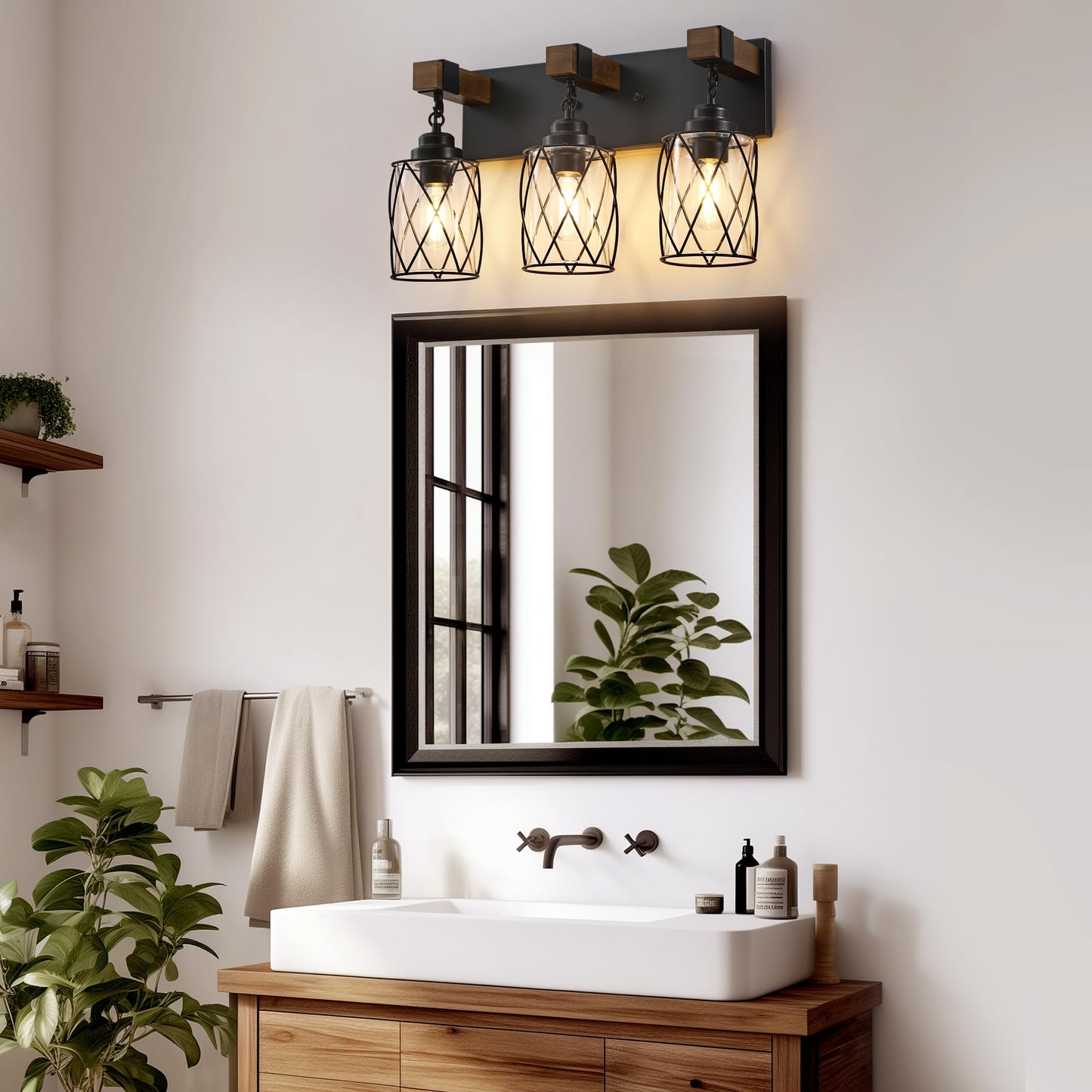Farmhouse Bathroom Light Fixtures  3 Light Bathroom Vanity Light With Metal And Glass Lampshade  Wood Rustic Lighting Fixtures Over Mirror  Black Wall Sconces For Living Room  Bedroom