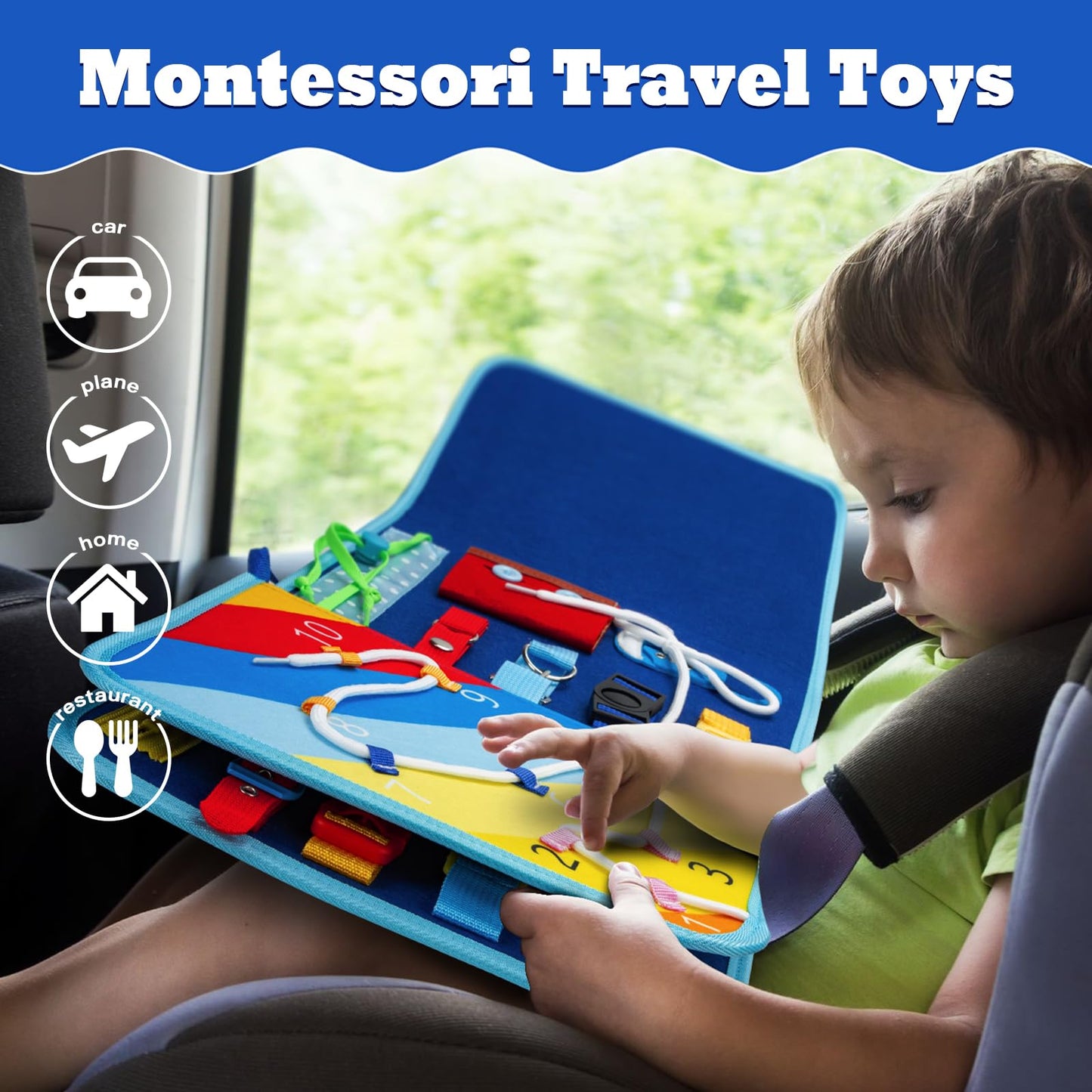 Funsland Toddler Busy Board Book - 8 in 1 Montessori Toys for 1 2 3 4 Year Old Learning Educational Activity Gifts for Girls Boys