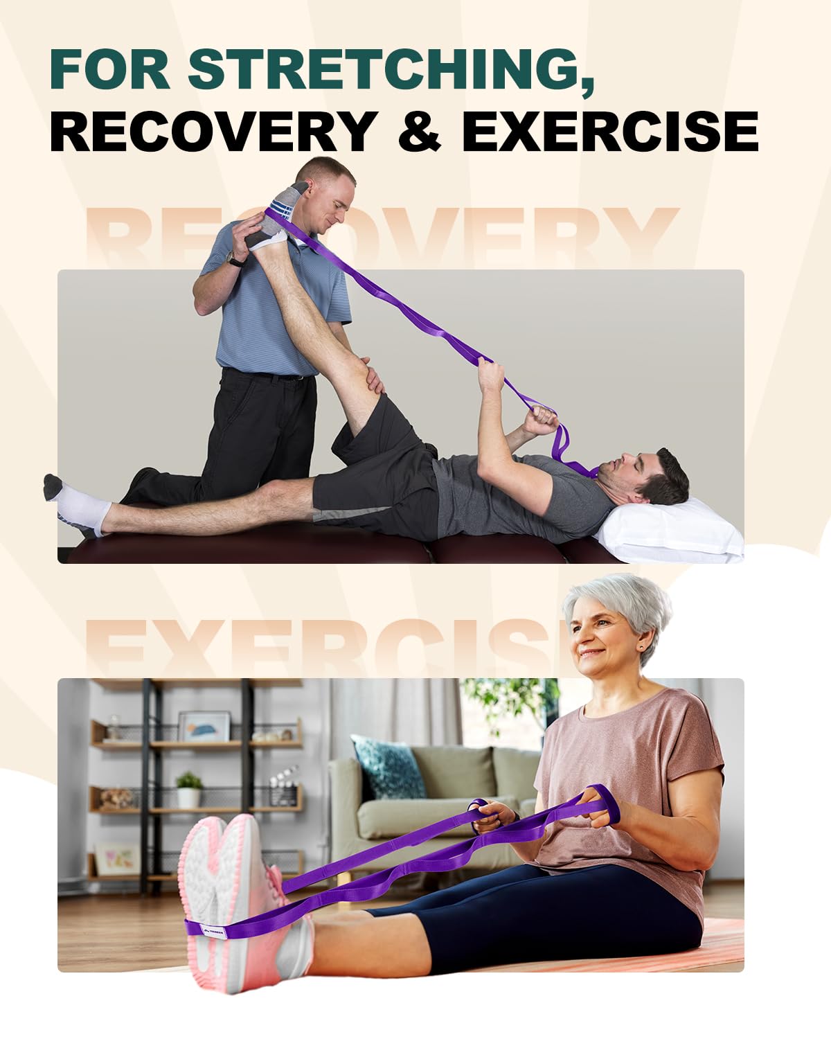 Trideer Stretching Strap Yoga Strap Physical Therapy for Home Workout, Exercise, Pilates and Gymnastics, 10 Loops Non-Elastic Stretch Bands with Aesthetic Packaging for Women & Men (Purple)
