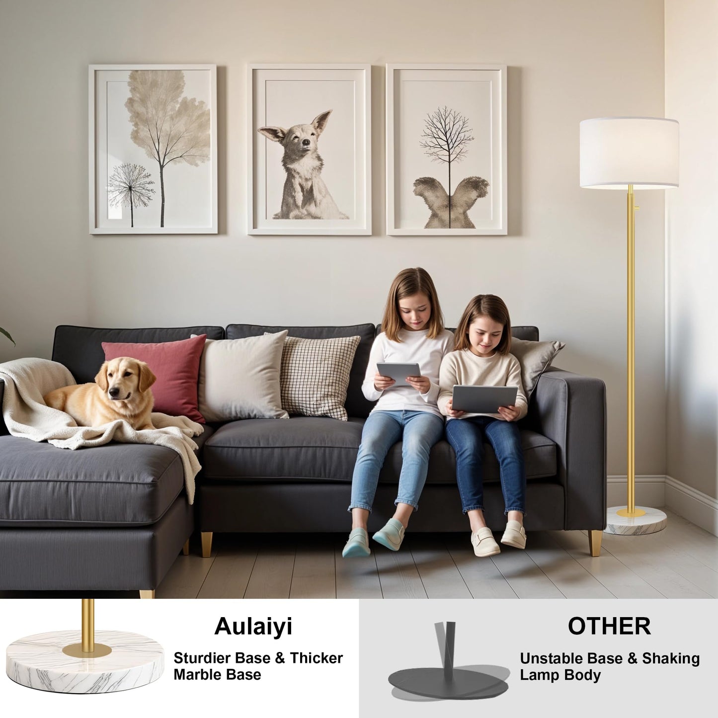 Aulaiyi Dimmable Gold Floor Lamp, Tall Metal Standing Lamp with Marble Base, Model WK012, Ideal for Living Room, Bedroom, Office