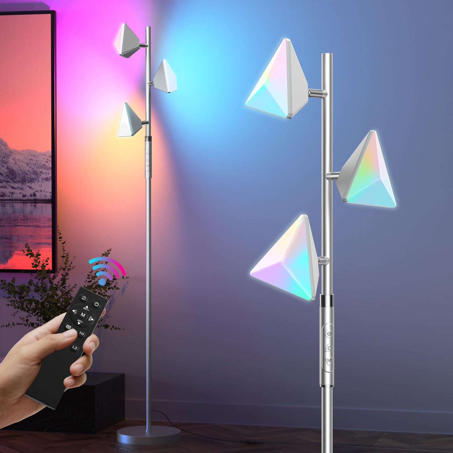 PARTPHONER RGB Tree Floor Lamp, Stepless Dimmable, Remote & Touch Control, Metal, Silver, Model FLA-036-A2-Silver