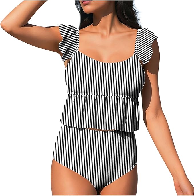 Women's 2 Piece Striped Beach Tankini Swimsuits, Square Neck Cap Sleeve Ruffle Fashion Bathing Suits Vacation Outfits