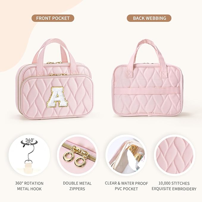 YOOLIFE Hanging Toiletry Bag for Women - Large Travel Toiletry Bag Makeup Bag, Portable Toiletries Cosmetic Bag, Airplane Travel Essentials - Letter N, Pink