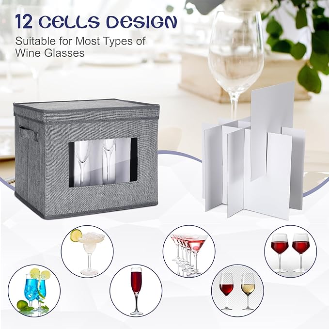 Uiifan 6 Pack Stemware Storage Box Set with Dividers, 12 Compartments Wine Glasses Storage Containers Cases Dust-proof, Transparent Window, Handles for Moving(Gray)