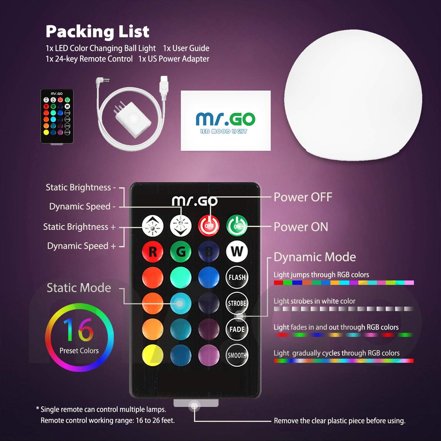Mr.Go LED Glowing Ball Light Orb Globe Lamp, 16in Waterproof, Rechargeable, 16 RGB Colors, Model CQ-B206, Indoor/Outdoor Use