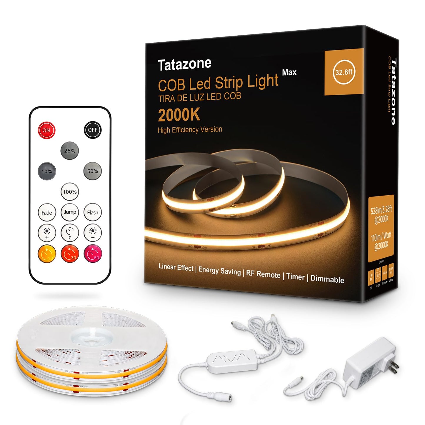 Tatazone COB Strip Lights 32.8ft, 2000K Golden Yellow, Dimmable with RF Remote, Flexible Adhesive, Model st-ting-l358