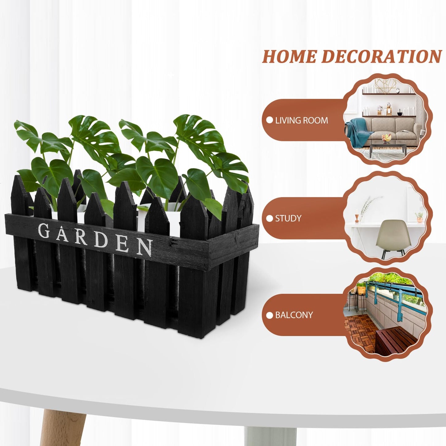 Toyvian Rectangular Wooden Fence Plant Pot for Balcony and Patio, Black Wood Planter Box with Fence Design, Outdoor Garden Flower Container for Plant Arrangement and Home Decor
