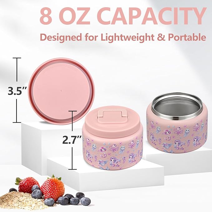 PIQUEBAR 8oz Kids Thermo for Hot Food,Small Lunch Thermos Food Container Stainless Steel,Easy Open Wide Mouth Thermo for Hot Cold Food for Preschool Travel (Pink Seahorse)