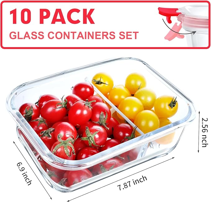VERONES 10 Pack Glass Meal Prep Containers 2 Compartment Set, 30 OZ Airtight Glass Lunch Containers, Food Storage Containers with Lids, for Microwave, Oven, Freezer & Dishwasher Friendly，Red