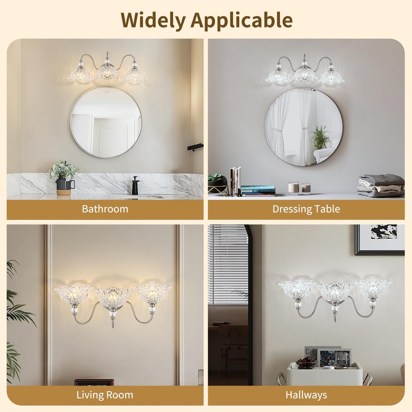 Brushed Nickel 3-Light Bathroom Vanity Light With Floral Clear Glass Shades  Brushed Nickel Wall Mount Lighting For Bathroom  Dressing Table