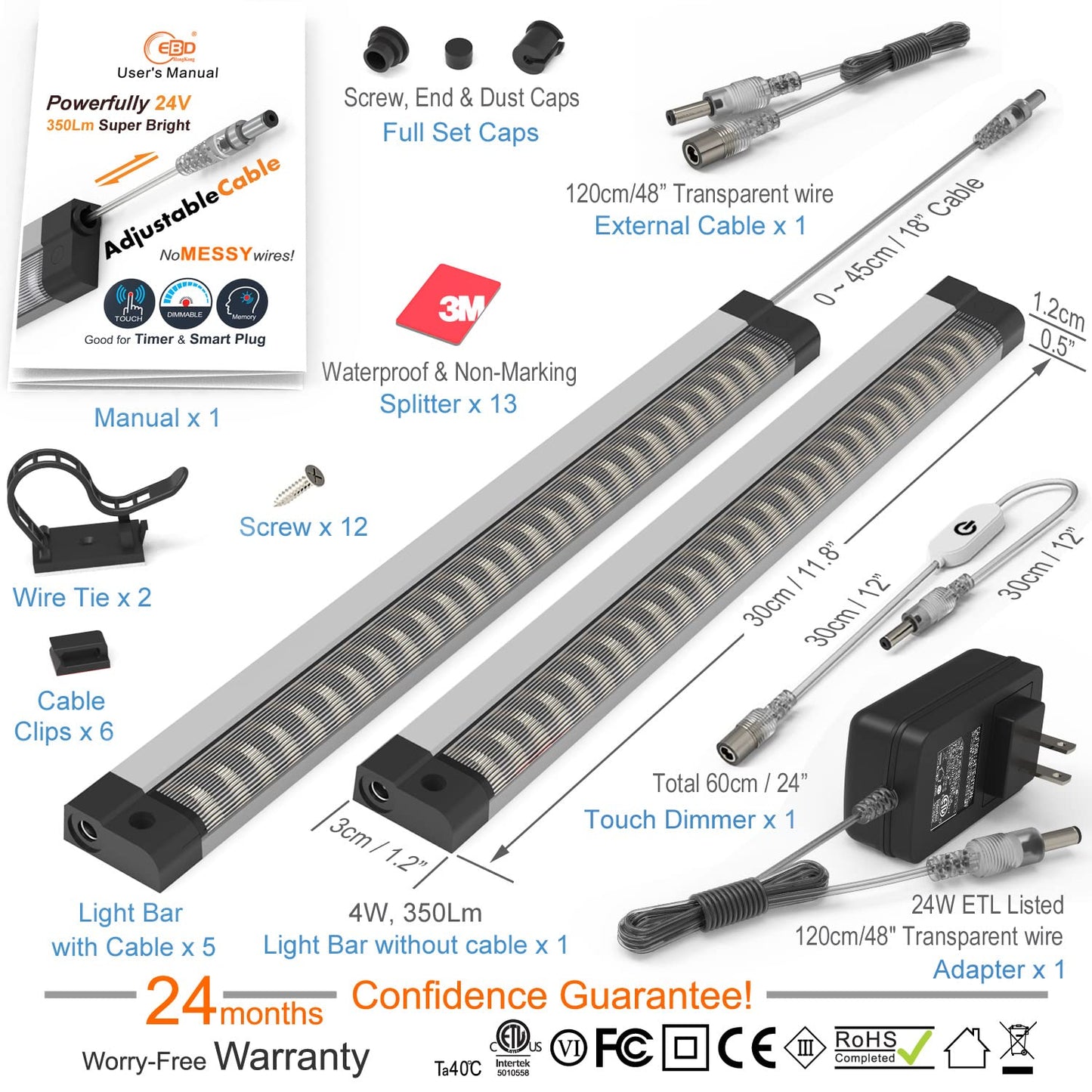 EBD Under Cabinet Lights Touch LED Under Cabinet Lighting Built-in Adjustable Cable No Messy Wires! 6 Pcs Super Bright Light Bar 6500K Cool White 2100Lm Good for Timer & Smart Plug