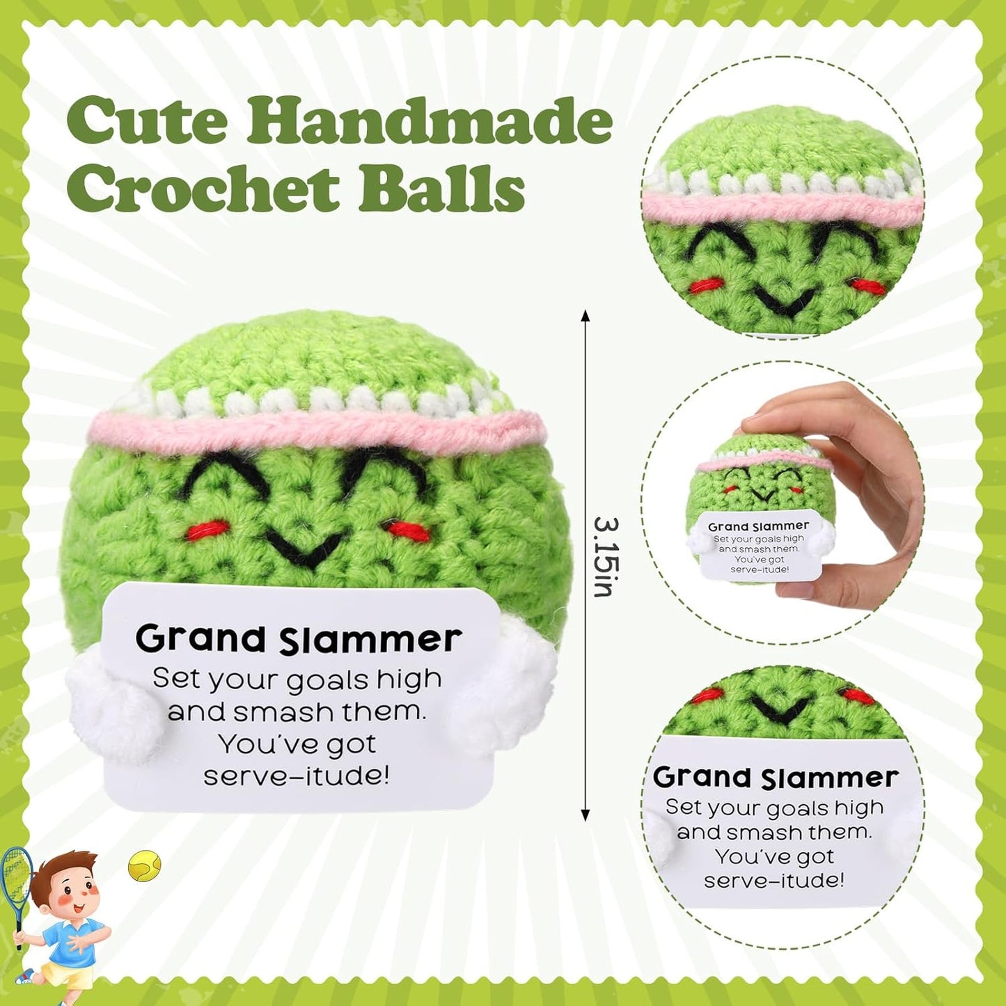 12pcs Funny Tennis Gifts for Team Bulk Tennis Balls with Motivational Cards Positive Handmade Mini Crochet Team Gift for Coach Women Men Coworker Birthday Christmas Party Favors