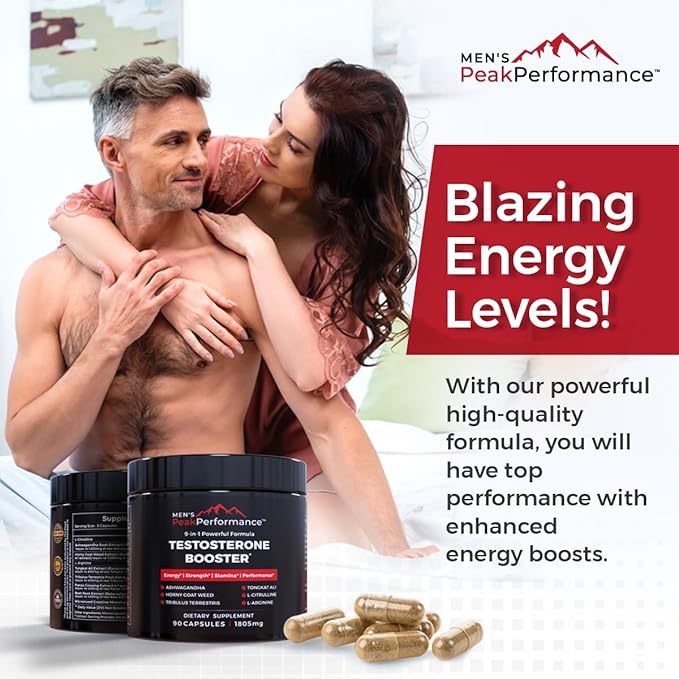MEN'S PeakPerformance - Testosterone Booster Supplement for Men - Boost Stamina, Muscle Growth, Energy, Strength, Endurance & Drive - Ashwagandha, Tribulus, L-Arginine, Tongkat Ali- 90 Capsules