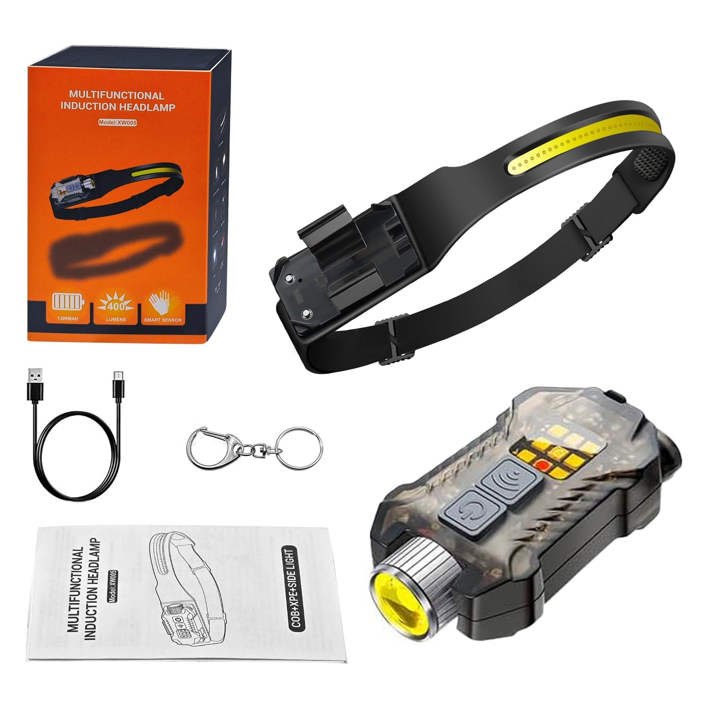 Head Lamp Led Rechargeable  230 Wide Beam Sensing Cob Headlamp Flashlight Detachable  9 Light Modes  Hard Hat Lamp  Ip65 Waterproof 400 Lumens For Camping  Hiking  Fishing  Working  Gift (Black)