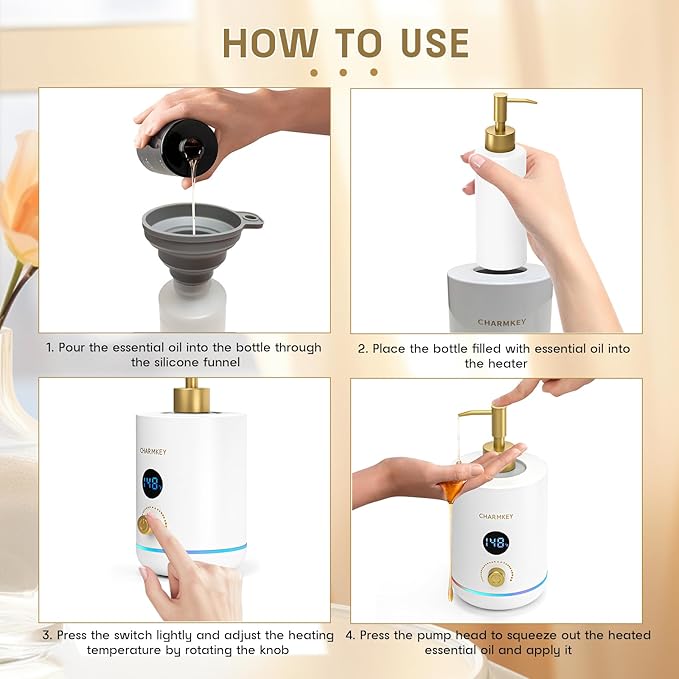 CHARMKEY Massage Oil Warmer White, 2 Oil Bottle Dispensers & 2 Silicone Funnels, Digital Heater for SPA, Oil Lotion Cream for Salon, Barber Shops, Home