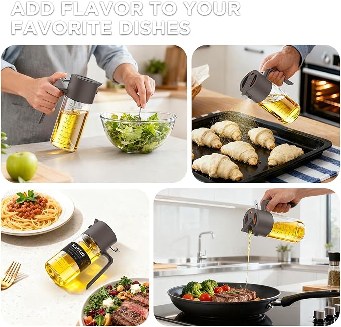 17oz/500ml Premium Olive Oil Sprayer for Cooking, 2 in 1 Glass Olive Oil Dispenser Bottle for Kitchen Gadgets, Spray Bottle with Portion Control for Salad, Frying, BBQ (Gray)
