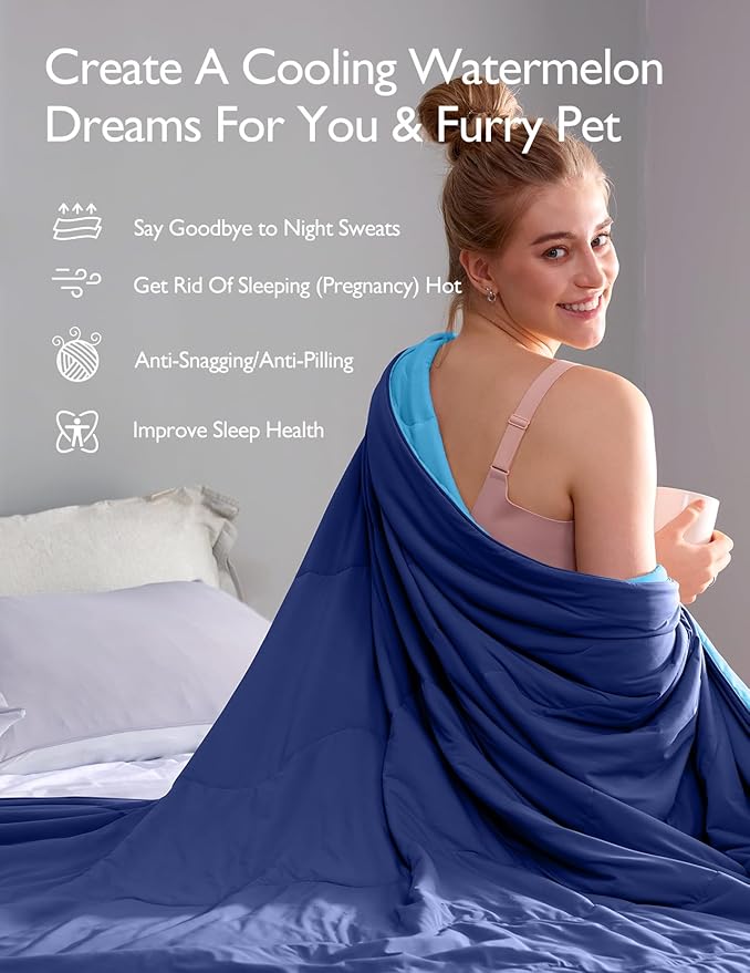 Momcozy Life CoolMurm Cooling Comforter for Hot Sleepers, Full/Queen 90"x90" Hot Flashes Cooling Blanket, All-Season Lightweight Soft Breathable Cooling Quilt Duvet, Stay Cool All Night, Midnight Blue