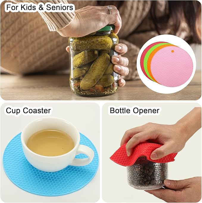 uxcell 4pcs Silicone Jar Opener Pads, 17.5cm/7" Texture Can Opener Multipurpose Round Bottle Lid Opener Non-Slip Coasters for Weak Hands Seniors Children, Pink/Red/Orange/Green