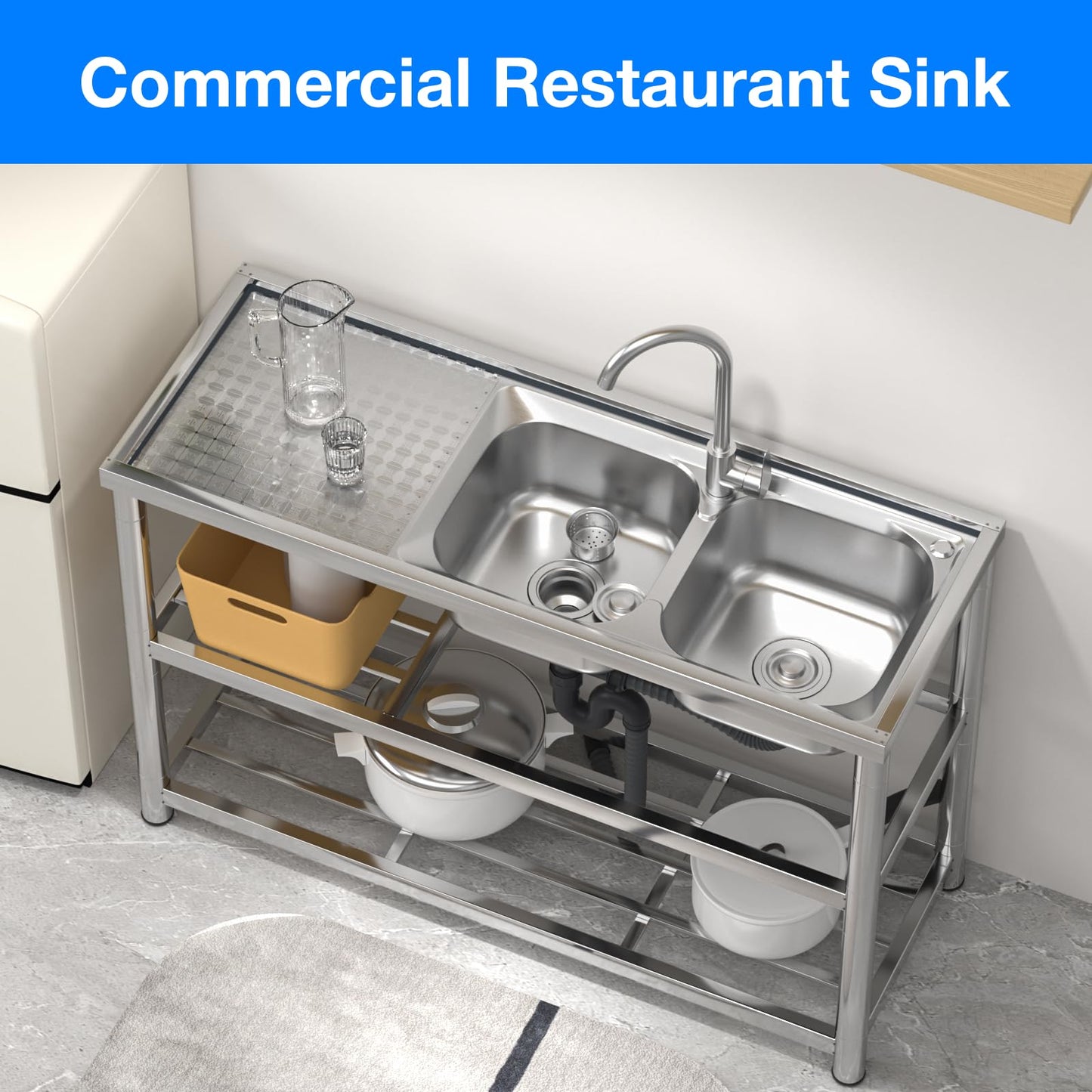 DuyviSteil 2-Compartment Commercial Sink, Stainless Steel Utility Sink with Dual-inlet Configuration Faucet Workbench & Storage, Free Standing Double Bowl for Restaurant, Garage, Shop, Outoor(47in)