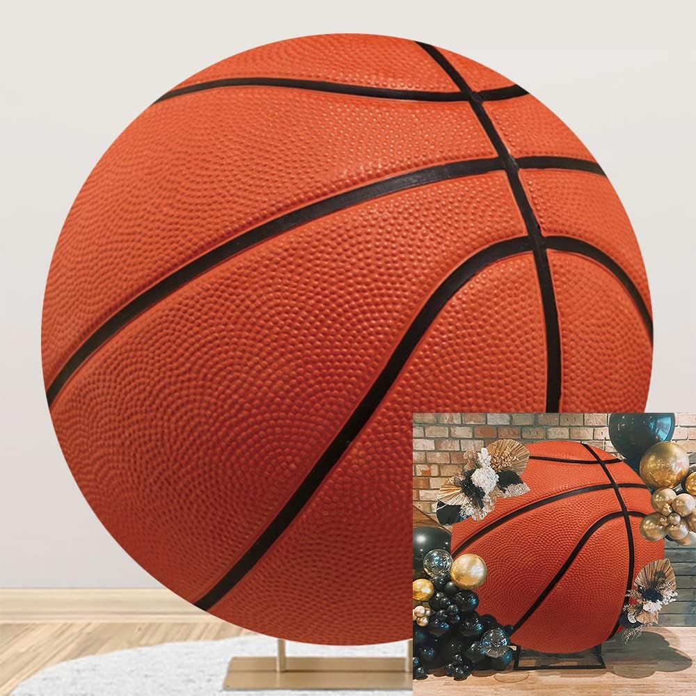 Leyiyi 5x5ft Basketball Round Backdrop Cover Brown Basketball Round Backdrop Basketball Match Sports Theme Circle Photography Background for Boys Baby Shower Newborn Gender Reveal Party Decor