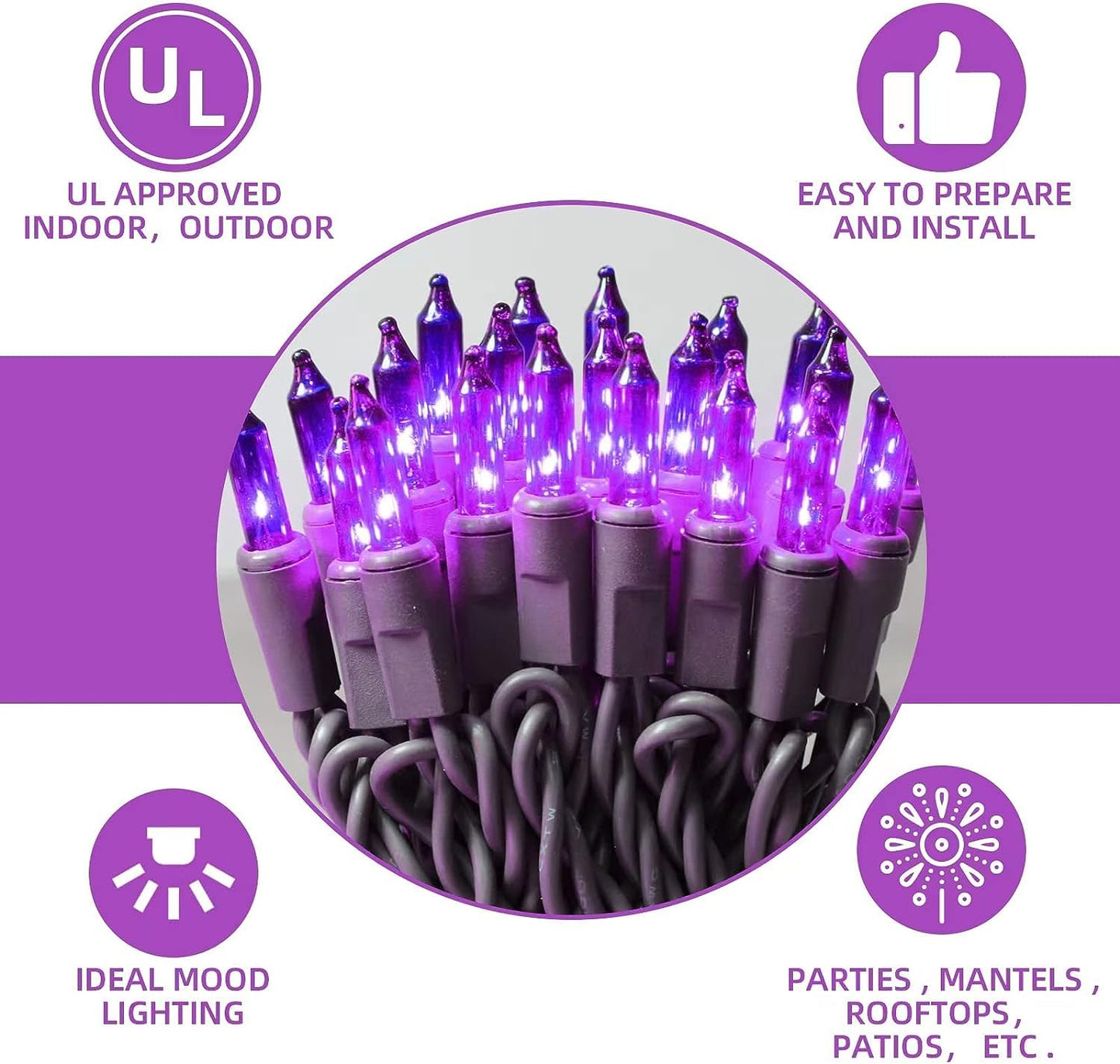 XMASHOME Halloween String Lights, 100 Count, Brown Wire, Purple, Incandescent, Model HP-100-2/SB