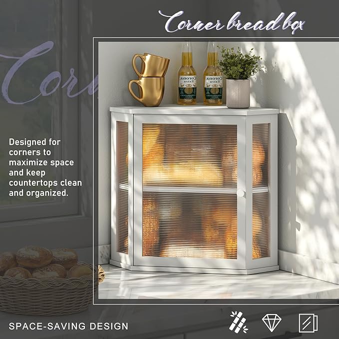 Corner Bread Box for Kitchen Countertop, Farmhouse Style with Acrylic Wavy Door Panel White Counter Bread boxes, Extra Large Food Storage Container