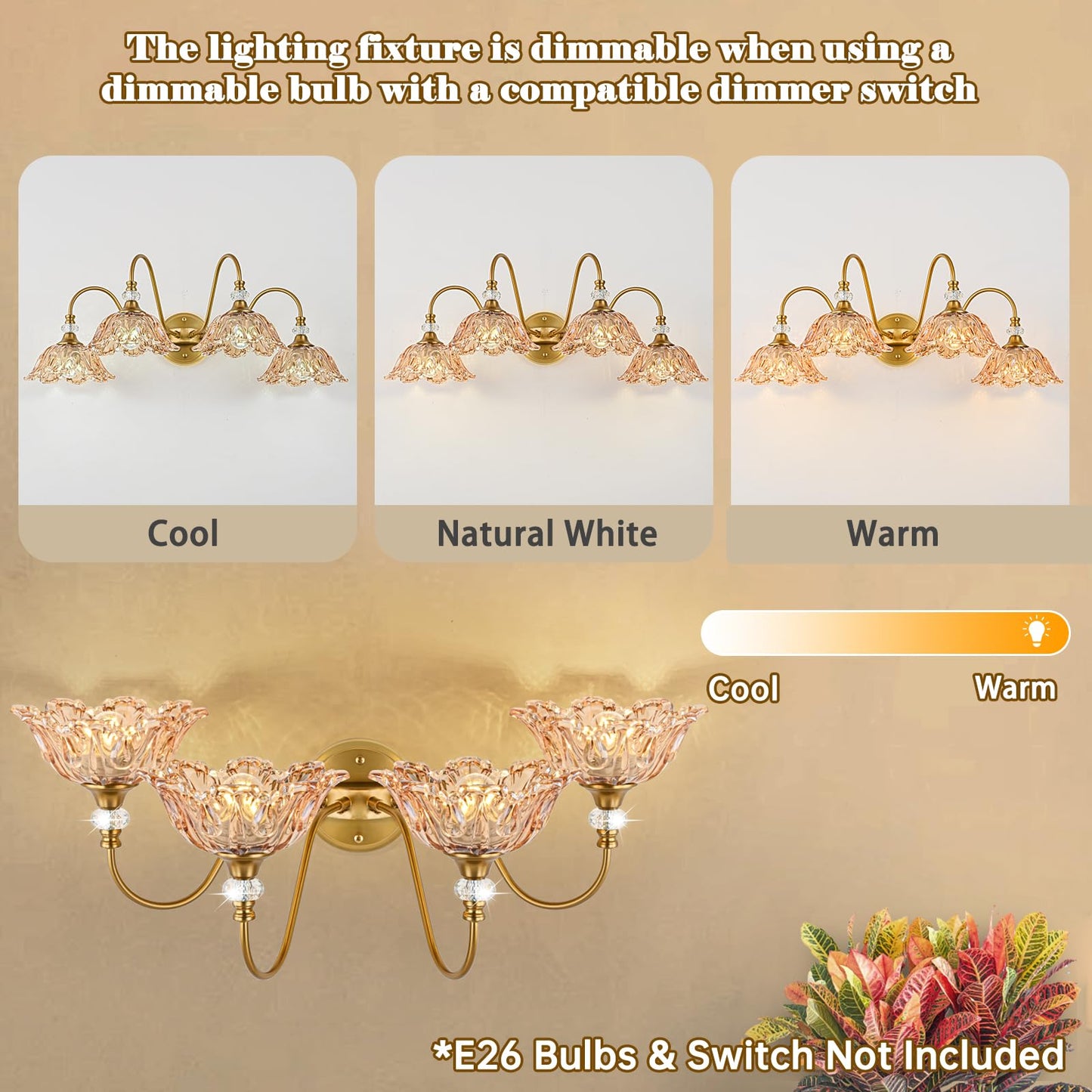 Sunkryster Vintage Bathroom Vanity Light  4-Light Matte Brass Finish Vanity Light With Floral Amber Glass Shades  Retro Wall Mount Lighting For Bathroom  Dressing Table