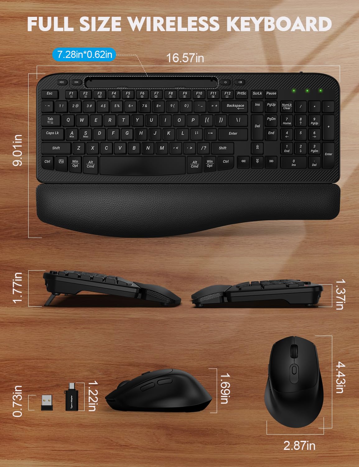 Wireless Keyboard And Mouse Combo, Wave Keys Full-Sized Ergonomic Keyboard With Cushioned Plam Rest, Phone Holder, Comfortable N