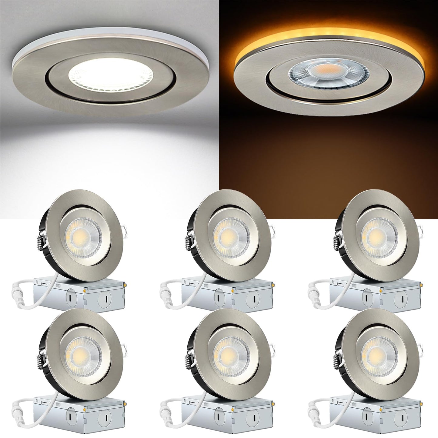 KnLnny Ware 4 Inch Brushed Nickel Recessed Lights, 6 Pack, Dimmable, 9W 750LM, 5CCT Selectable, Adjustable, with Night