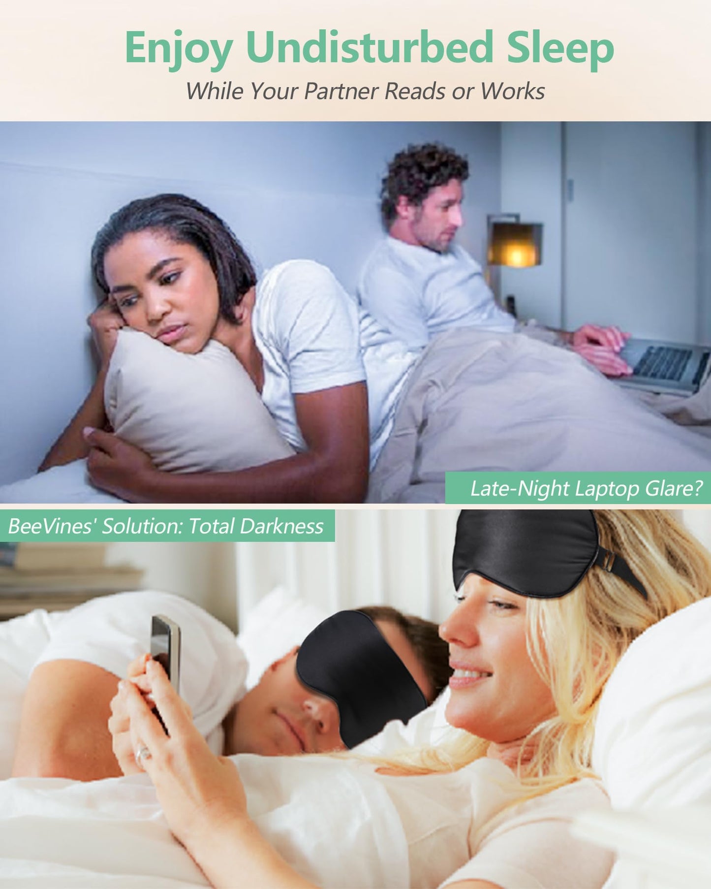 BeeVines Sleep Mask, 2 Pack 100% Real Natural Silk Eye Masks with Adjustable Strap for Sleeping, Mulberry Silk Eye Sleep Shade Cover, Blocks Light Reduces Puffy Eyes Traveling Gifts (Black & Black)