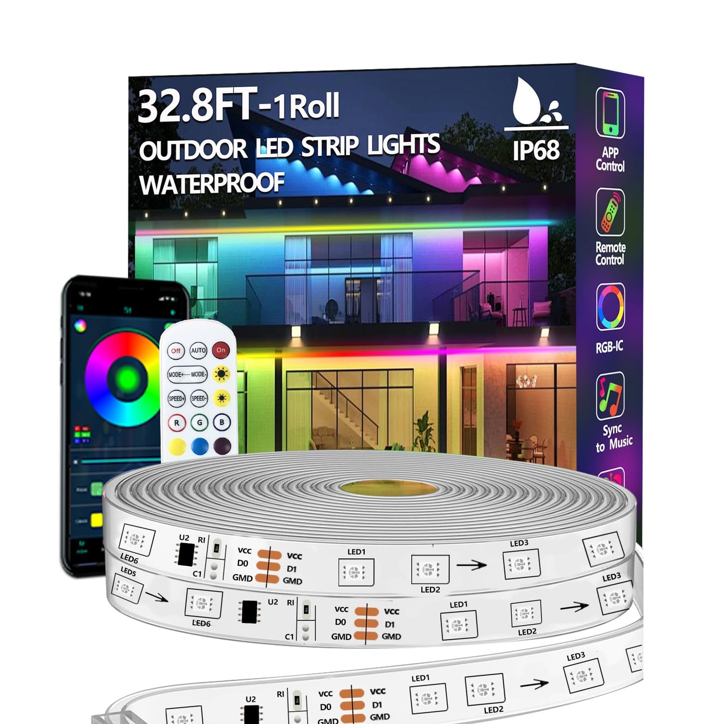 httpsmp 32.8FT IP68 Outdoor LED Strip Light, RGB Color, App/Remote Control, Music Sync, Waterproof, Model RGB-IC-IP68