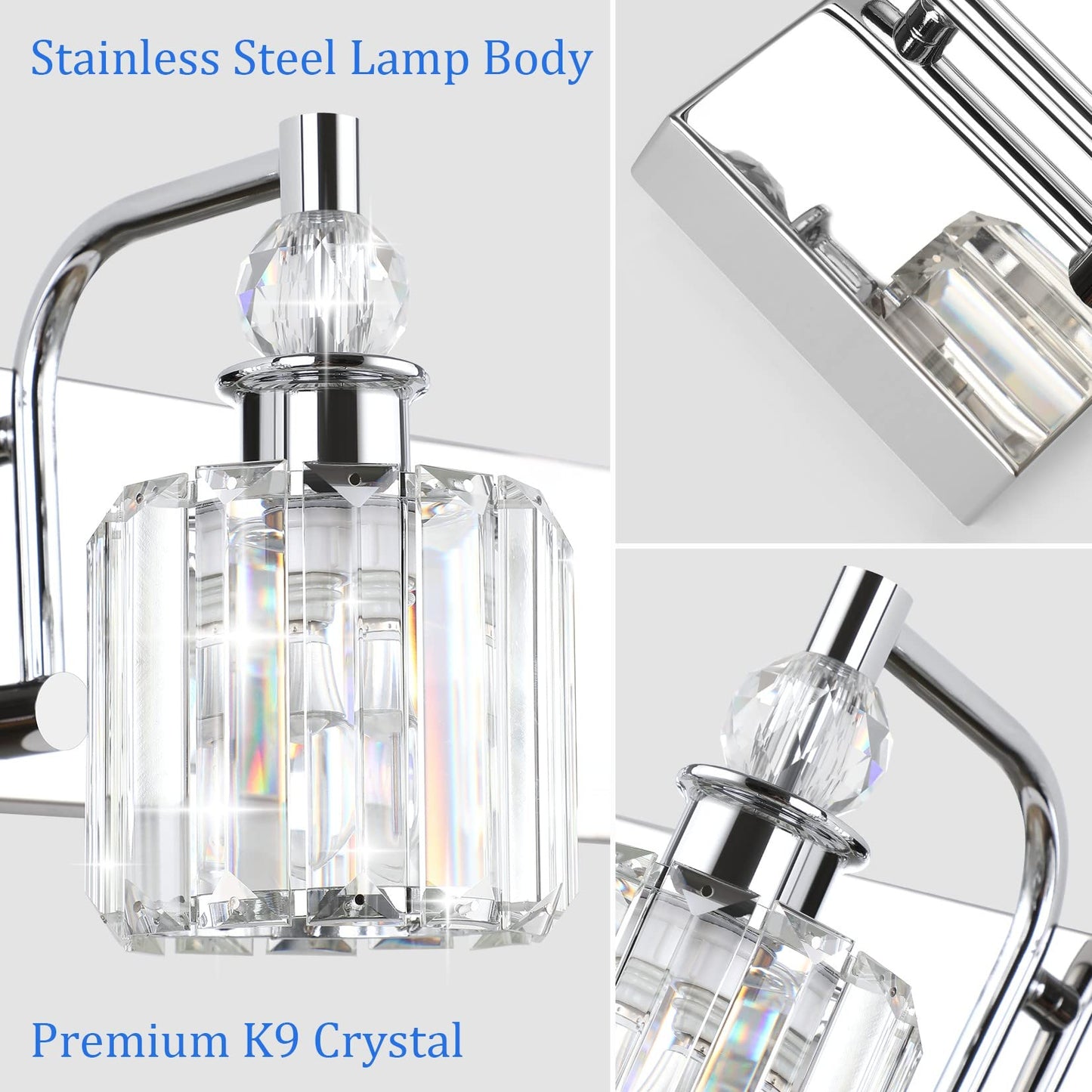 Ralbay 3-Light Crystal Vanity Light Fixtures, 24 Chrome Stainless Steel, Model 8605 For Modern Bathroom Wall Lighting