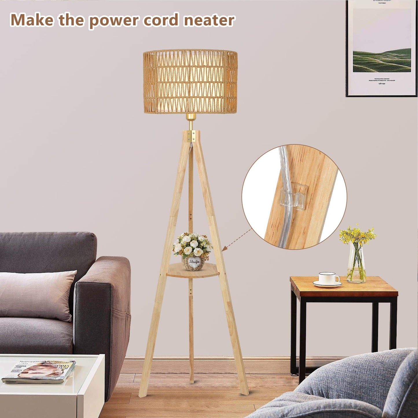 LAMSU Oak Wood Tripod Floor Lamp, Boho Style with Shelves, Fabric Shade, Model 230705D1, Log Color