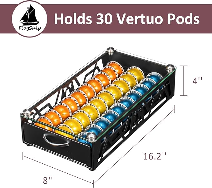 FlagShip Vertuo Pod Drawer Glass Top Coffee Capsule Organizer & Space-Saving for Nespresso Pod Holder Coffee Machine Stand(30 Vertuo Pods Capacity)